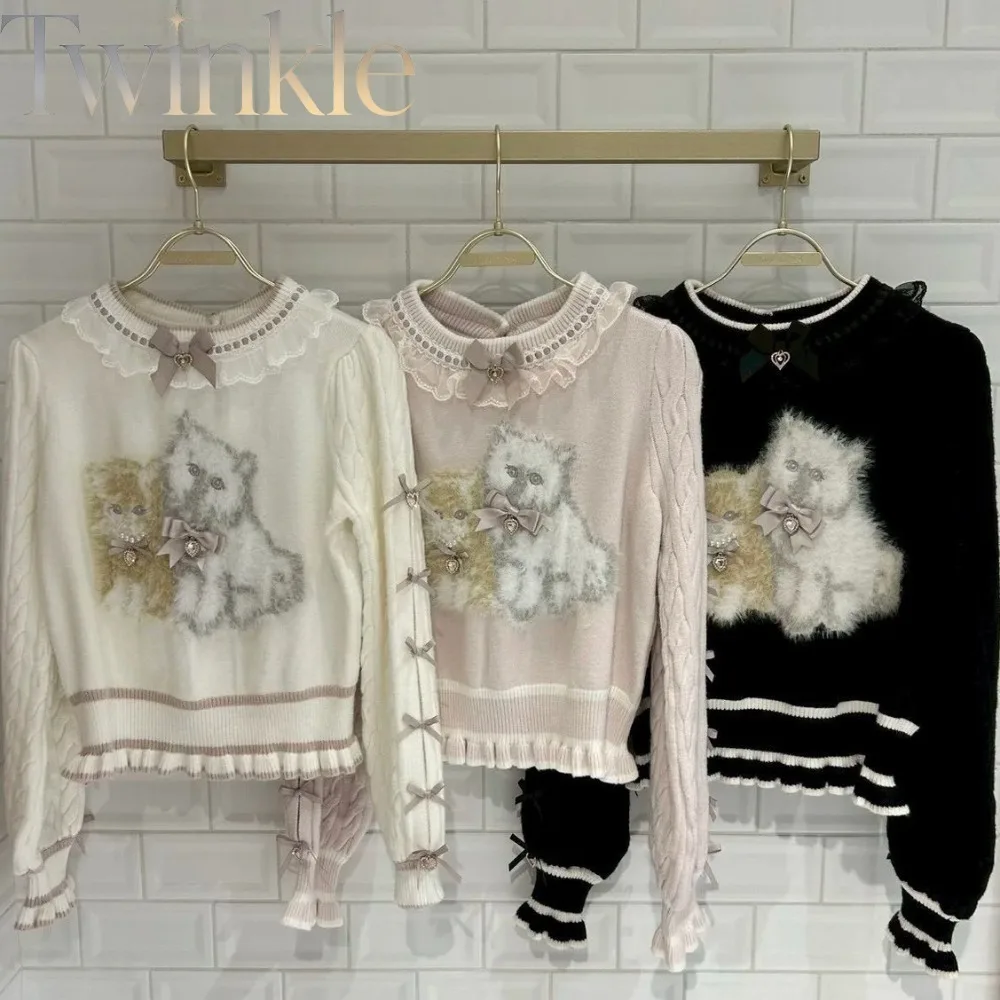 Kawaii Twin Cat Knit Sweater Women Fluffy Soft Japanese Pullover Cute Cat Print Fuzzy Knitwear Cozy 3 Colors Jumper