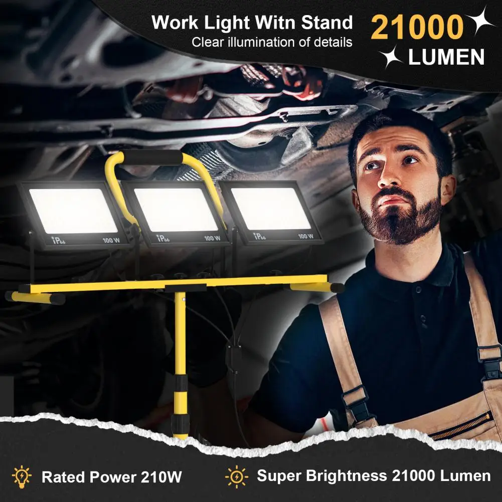 2Pcs 21000Lumen LED Work Light with Stand, 3 Head Portable Work Light with Telescoping Tripod, IP66 Waterproof Construction Ligh