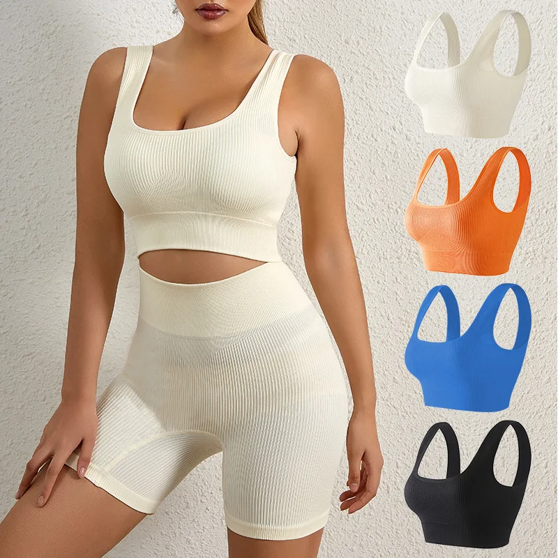 Aangepaste push-up gewatteerde draadvrije fitness gym yoga naadloze bralette dame geribbelde fitness sportbeha's voor dames