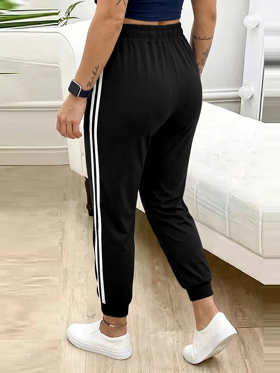 Women's Casual Drawstring Elastic High Waist Joggers Black Side Stripe Loose Harem Sweatpants Streetwear Capris Pants Autumn