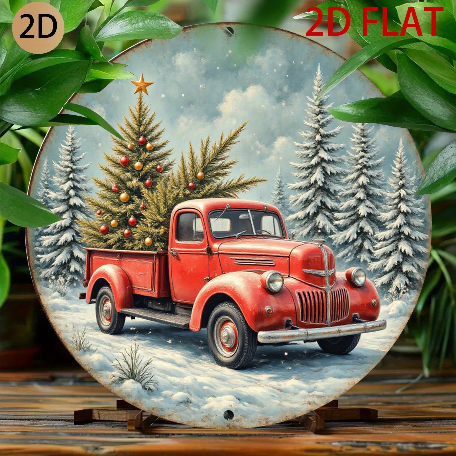 2D Flat - Retro Wall Art Featuring a Circular Tin Metal Truck with a Tree, Perfect for Decorating Homes, Garages, Or Cafes Durin