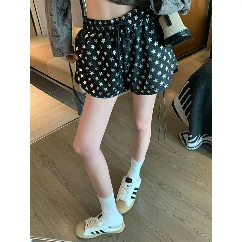 Shorts Star Print Drawstring Laces Women Sweet Cool Sports 2024 New Comfort Leisure Loose Irregular Design Mini Shorts Female