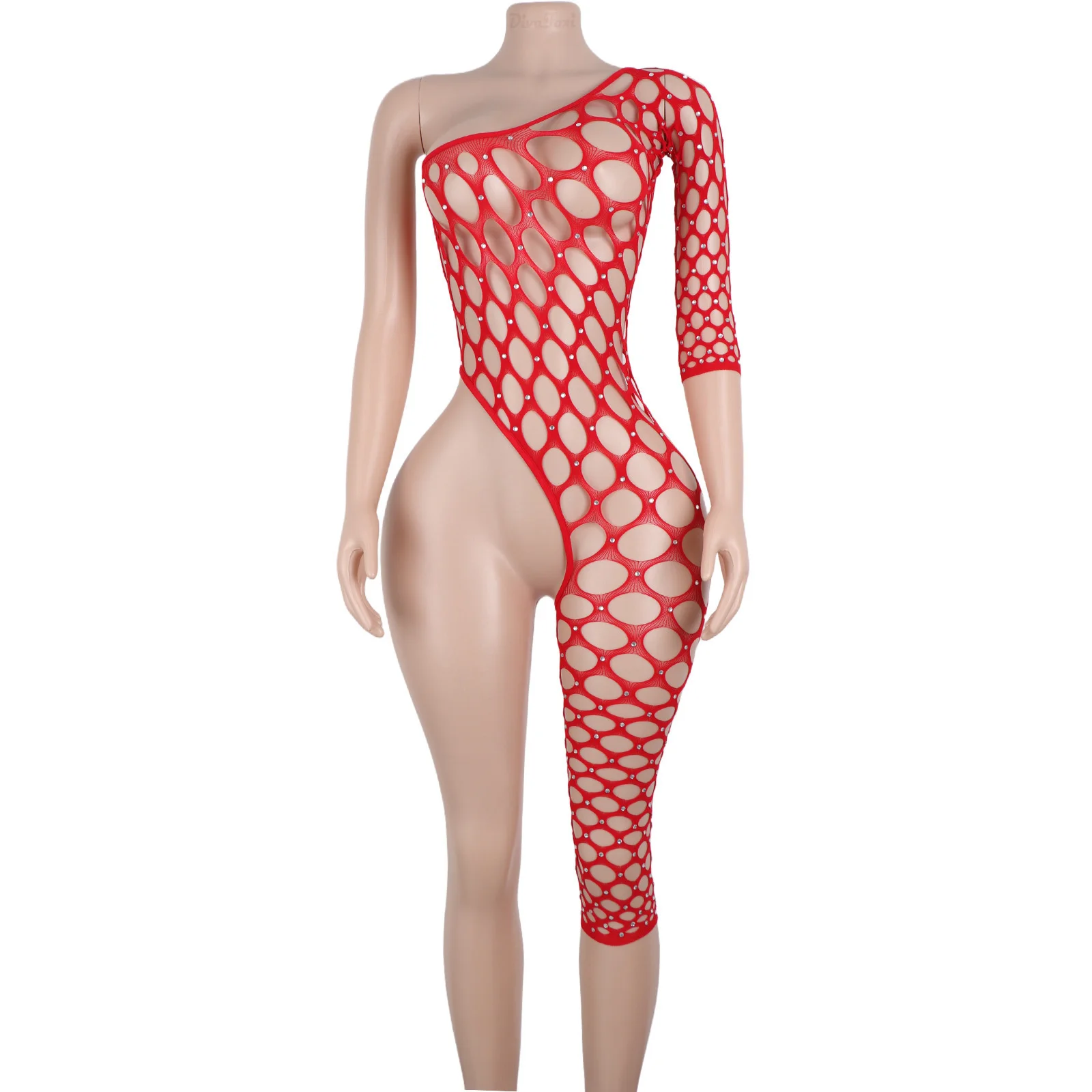 Ажурный комбинезон с вырезом, сетчатая экзотическая танцевальная одежда, брюки с длинными рукавами и стразами для девочек, эластичная одежда Go Go Pole, купальный костюм