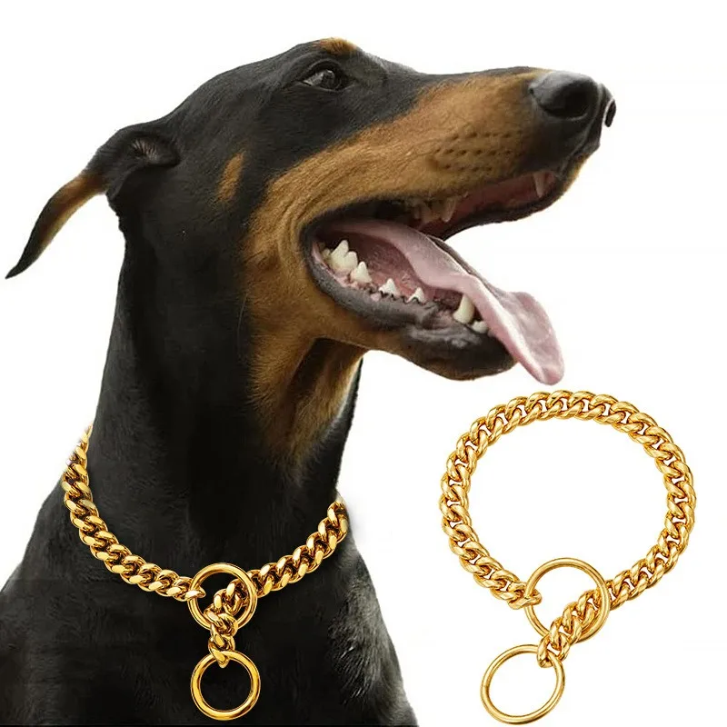 10MM Stainless Steel Gold Dog Chain Collar Metal Slip P Chain Walking Training Cuban Link Chew Proof Pet Chains Collars