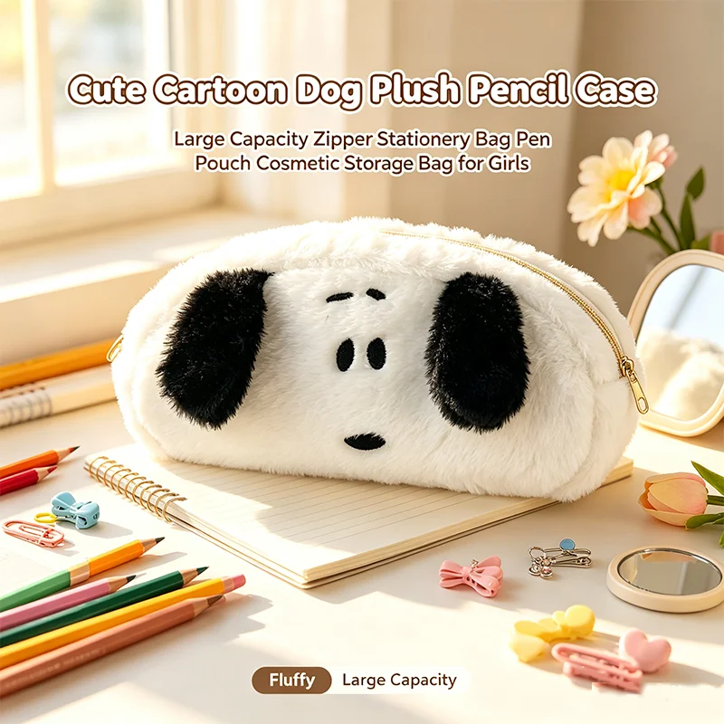 Fluffy Cartoon Snoopy Plush Pen Pouch Large Capacity Zipper Pencil Case Portable Stationery Cosmetic Bag for Teen Girls