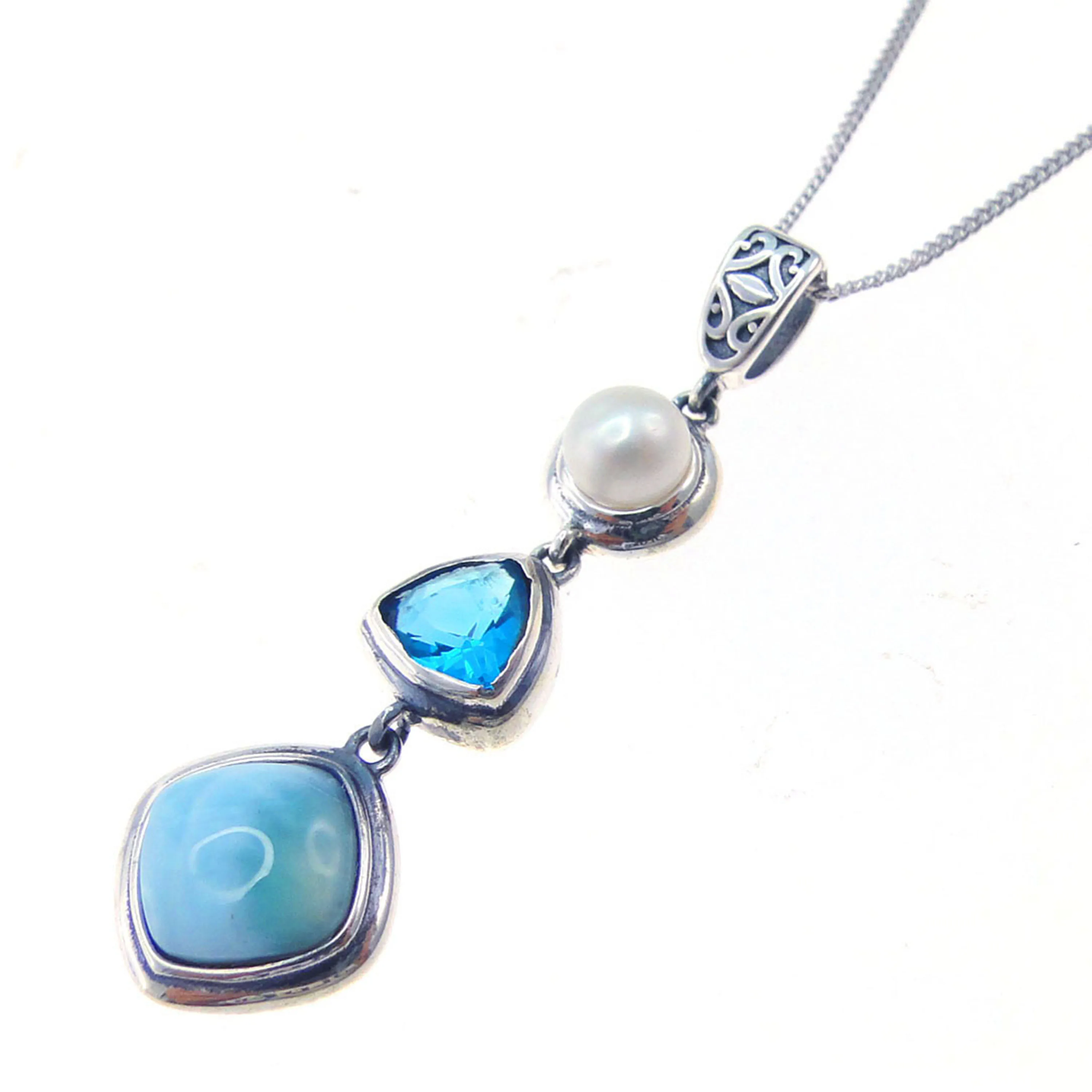 High Quality 925 Sterling Silver Natural Larimar & Pear Women's Long Drop Necklace Pendant For Gift