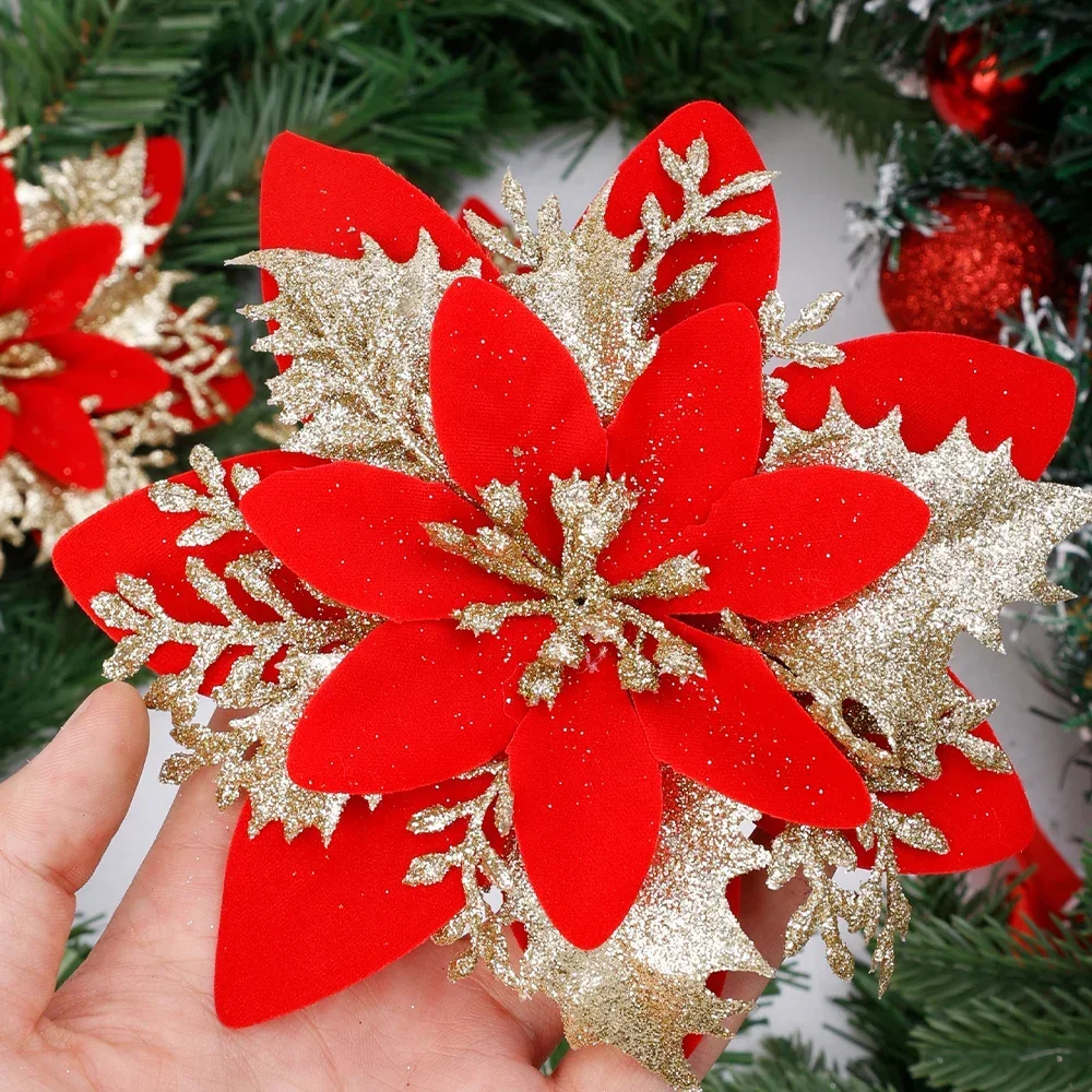 Artificial Christmas Tree Flower with Clips Red Gold Fake Glitter Flowers Floral Happy New Year Party Home Ornament Decoration