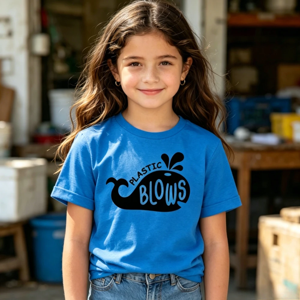T-shirt Enfant Motif Baleine Amusant en Plastique Soufflé, Silhouette Simple de Baleine avec Slogan Imprimé, Vêtement Décontracté Éco-Responsable pour Garçons et Filles
