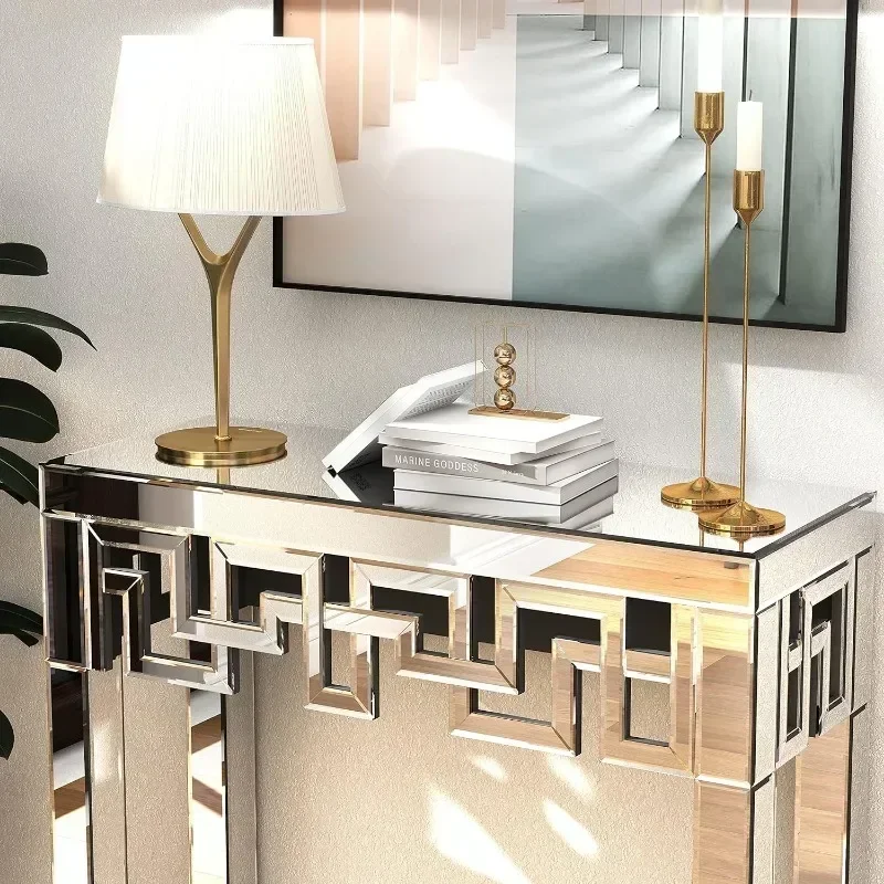 

Silver Console Table with Mirrored Finished, Modern Glass Entryway Table Geometric Design, 32 inches Wide Console Table