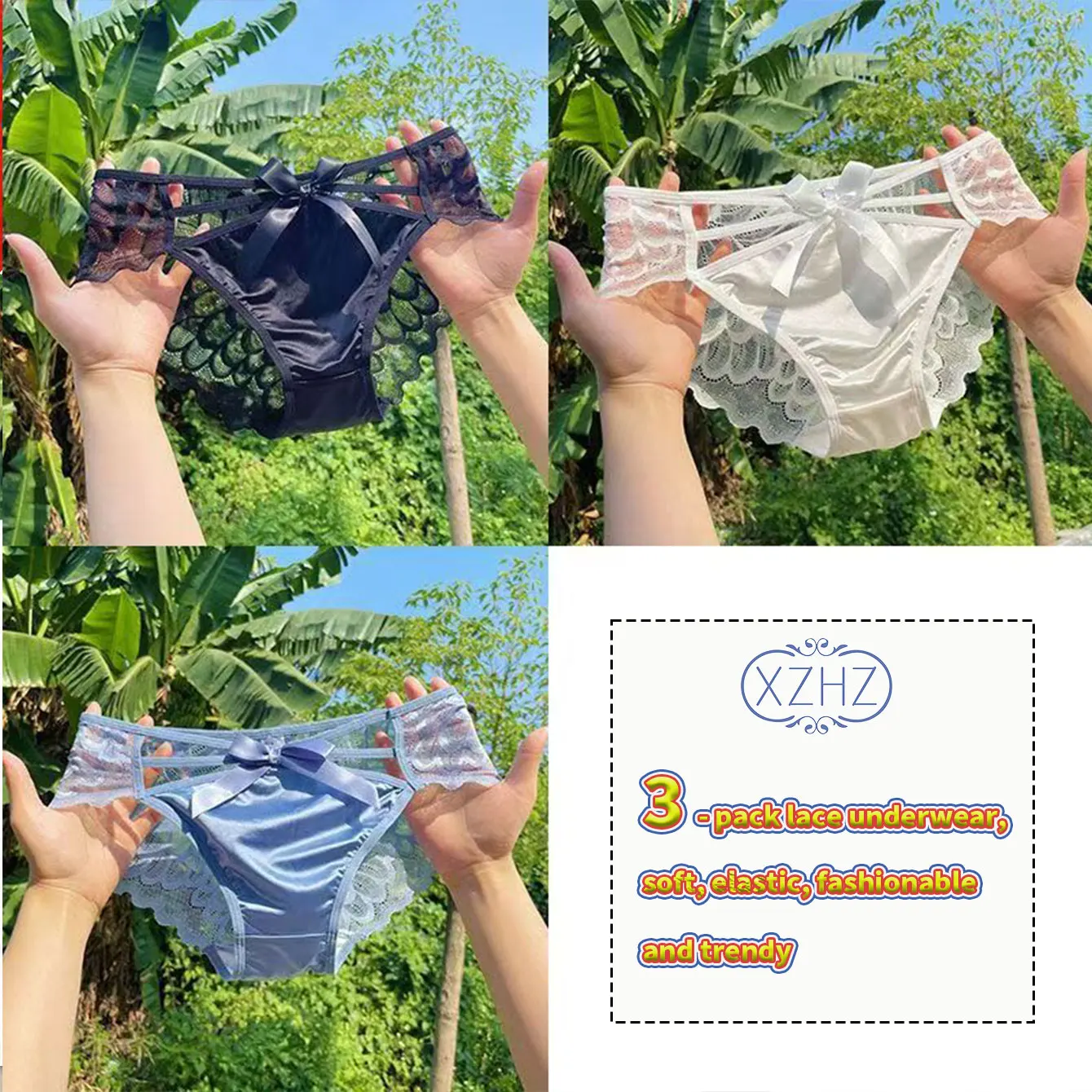 3‑Pack Women's Exquisite Satin Lace Panties, 3D Bow Side Cut‑out Design, Wing‑Pattern Low‑rise Bikini, Seductive Pure‑Vibe Brief