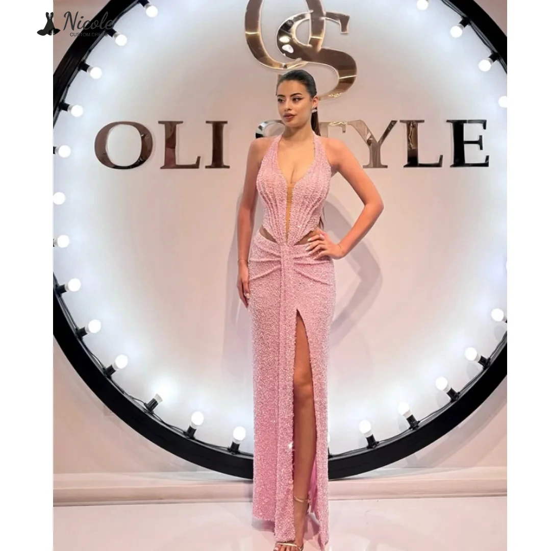 

Nicole Sequins Ball Gown Dress Custom Made Luxurious Evening Dresses 2025 Straight Tube Elegant Gowns Robe Soiree V-neck Prom