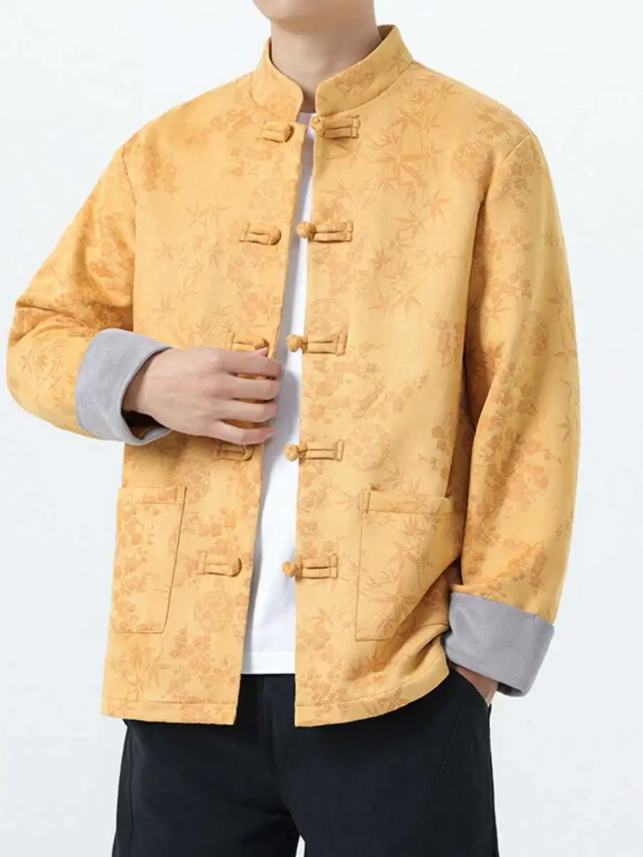 

Loose Men's Leather Jaet with Button Pattern Deer Velvet Spring Autumn Casual Ethnic Clothing Large Size Zhongan Suit Trendy