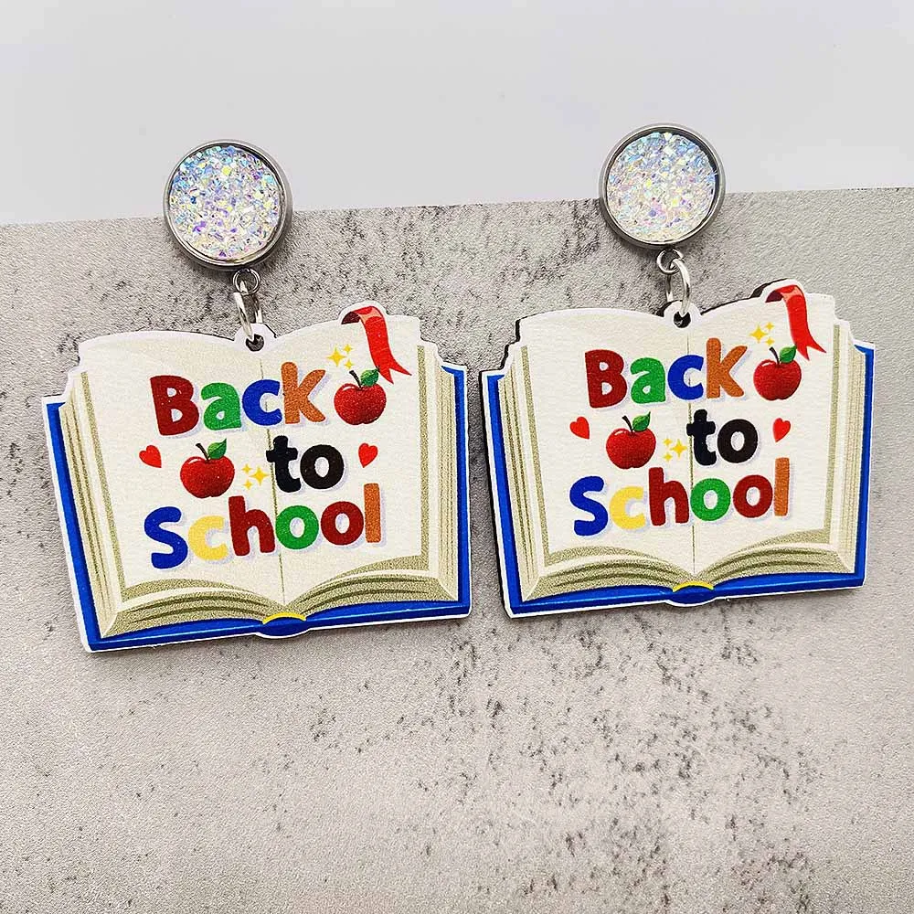 Teacher's Day Pencil Books Wooden Earrings Faceless Elderly Holding Apple Pencil Stainless Steel Back to School Season Earrings