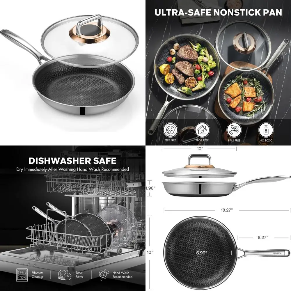 

10-дюймовая сковорода с антипригарным покрытием, которую можно использовать в духовке, с крышкой, можно мыть в посудомоечной машине, прохладная ручка, термостойкость до 600 ° F, идеально подходит для всех