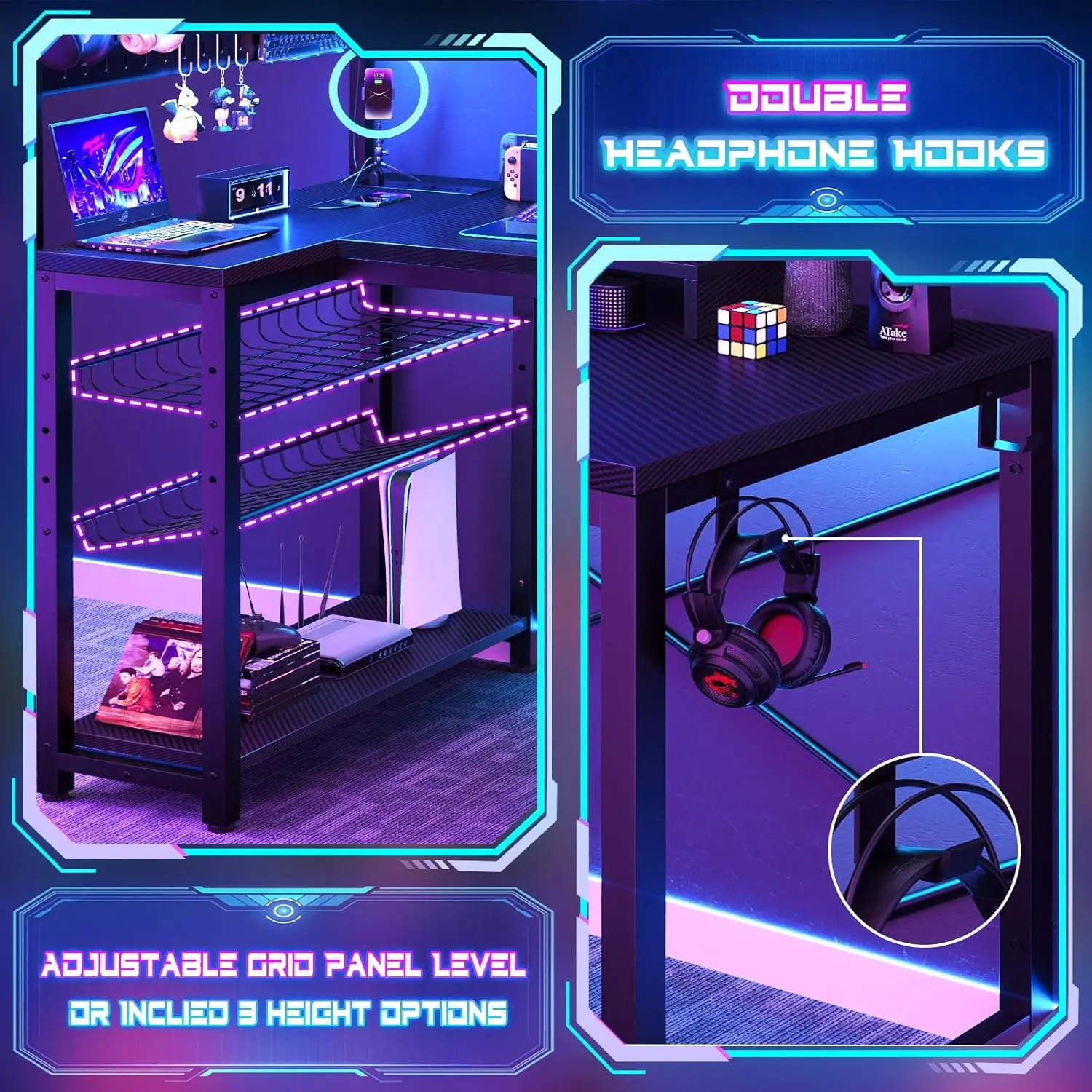 Small Gaming Desk with Power Outlets Pegboard LED Light, 43 Inch L Shaped Computer Desk with Monitor Stand Storage Shelves