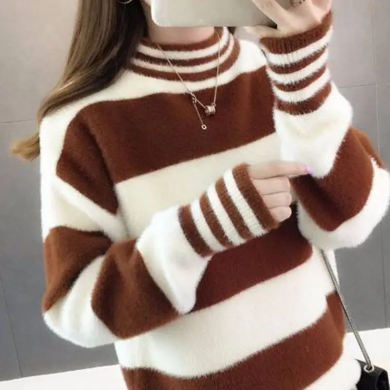 Fashion Half High Collar Striped Loose Casual Sweaters Female Clothing 2023 Autumn Winter New All-match Pullovers Korean Tops