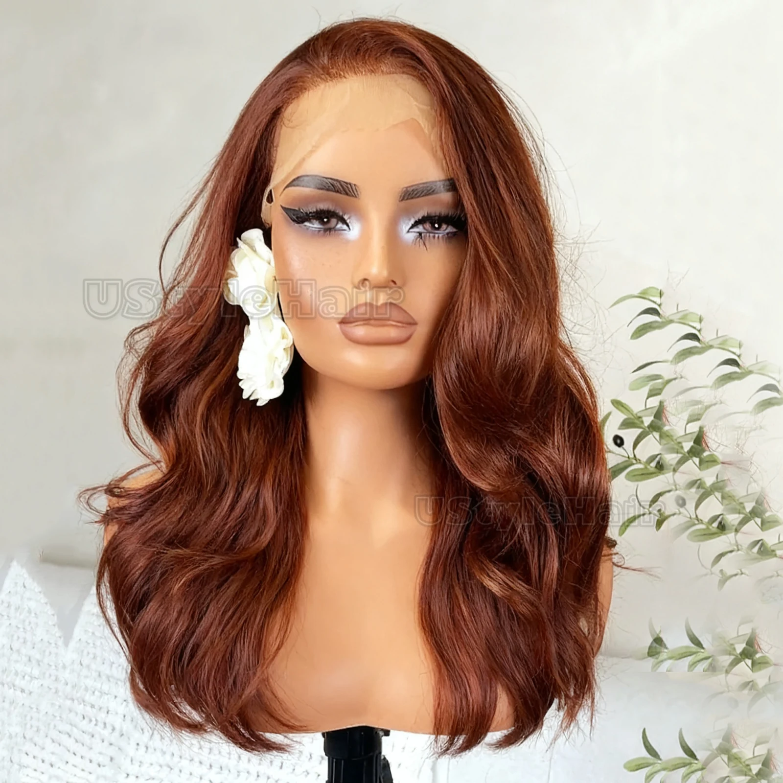 ustylehair-銅色レースフロントウィッグ-13x4-合成ロングボディウェーブウィッグ-女性用-肩までの長さ-自然な生え際-デイリーコスプレ用