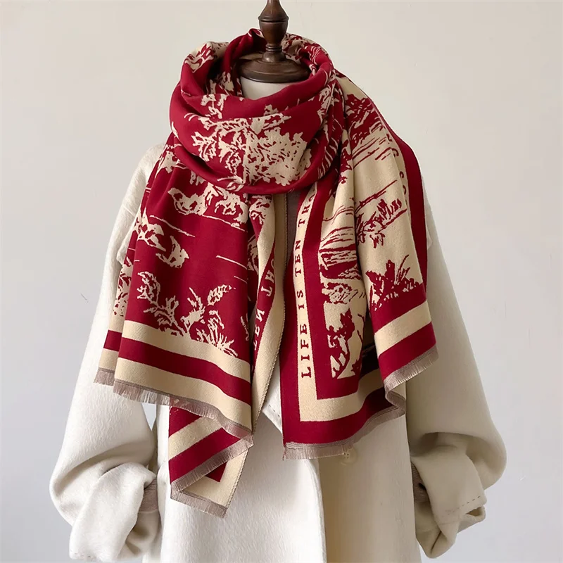 Luxury Brand Cashmere Women Floral Scarf Winter Warm Shawl and Wrap Bandana Pashmina Female Foulard Square Thick Blanket Poncho