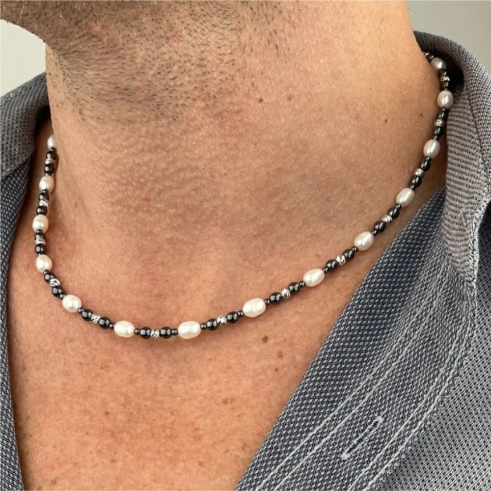 Collier rétro en pierre naturelle noire pour hommes, chaîne de perles baroques, ras du cou Simple, bijoux à la mode, accessoires tendance