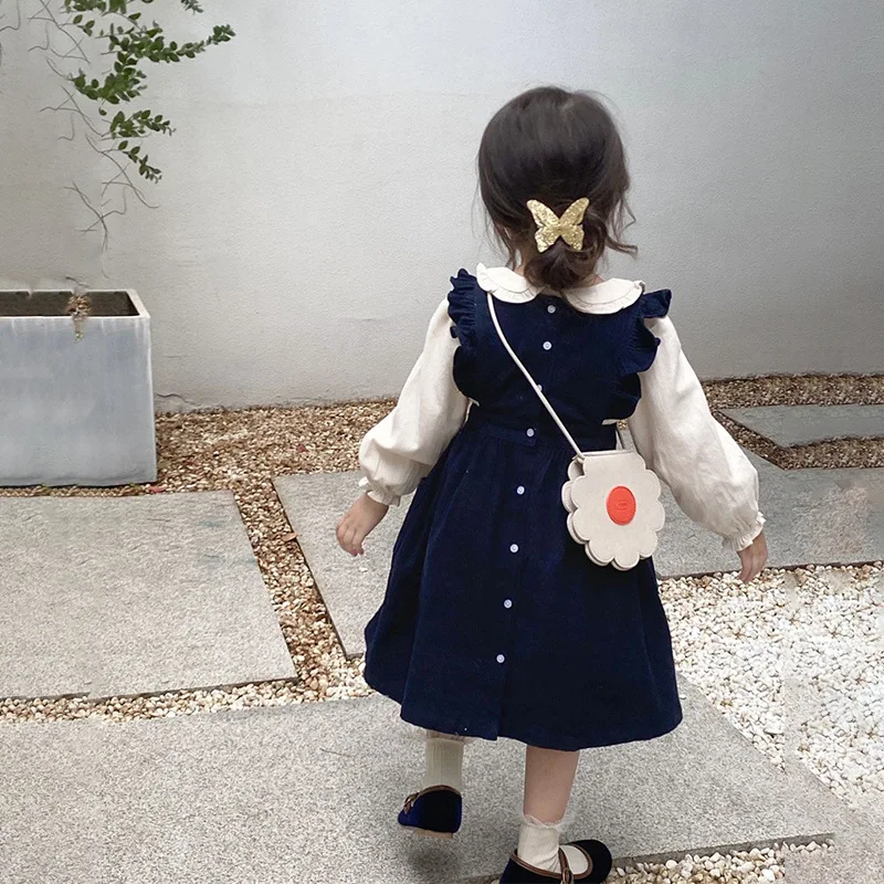 Fashion Girls Embroidery Retro Dress Set Spring Autumn Children Corduroy Sundress Vestido Doll Neck Shirt Kids Clothes 1-10Y