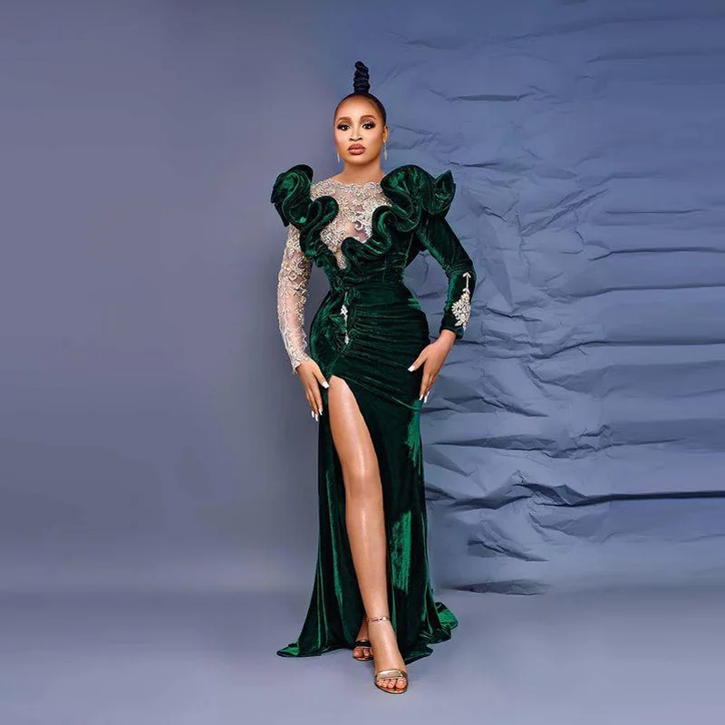 

Dark green lace applique long-sleeved ruffled side slits prom dress banquet formal African party dress aso ebi customized