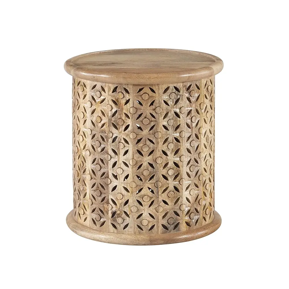 

Sympico Natural Stained Mnago Wood Sympic Round Side Table With Carved Details (Pamzn2054)