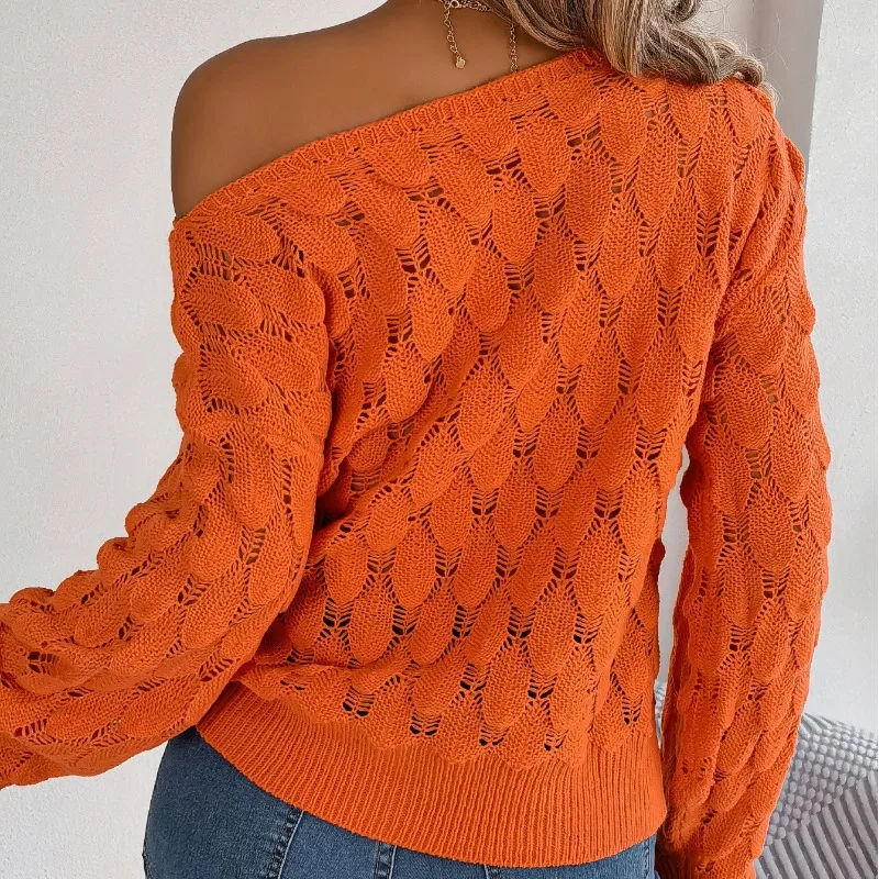 Autumn and Winter Women\'s Pullover Solid Color Hollow Out One Line Neck Off Shoulder Lantern Long Sleeve Sweater Knitted Tops