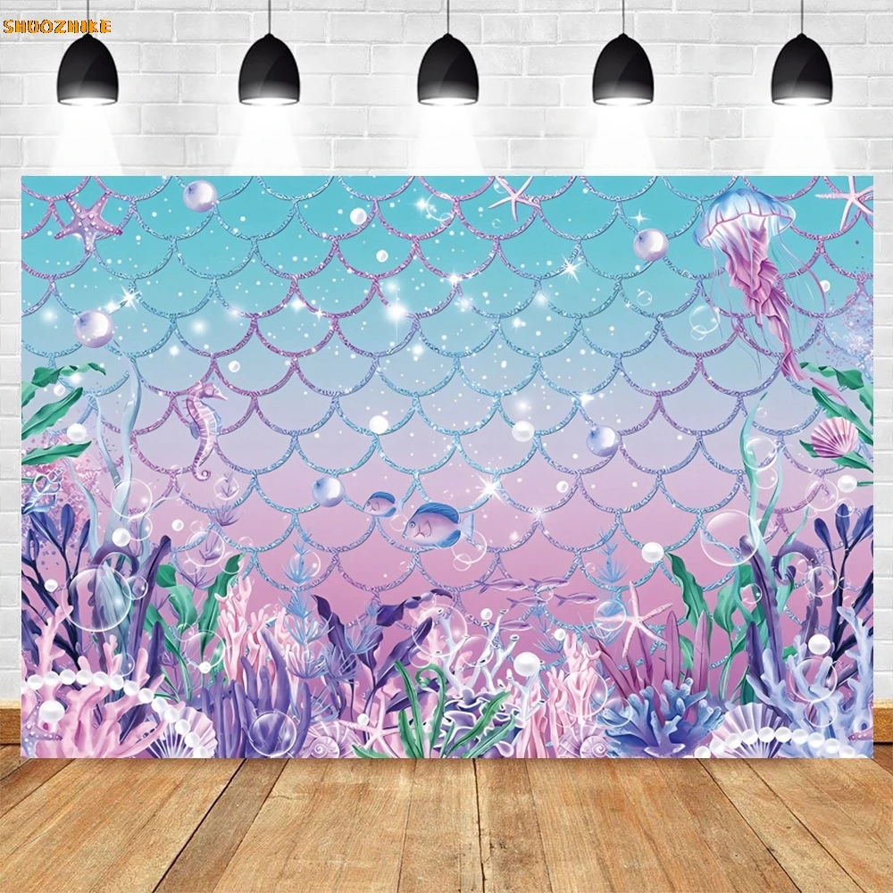 Mermaid Backdrop Underwater World Fish Scale Fish Tail Shell Pearl Princess Girls Birthday Party Photography Background Decor