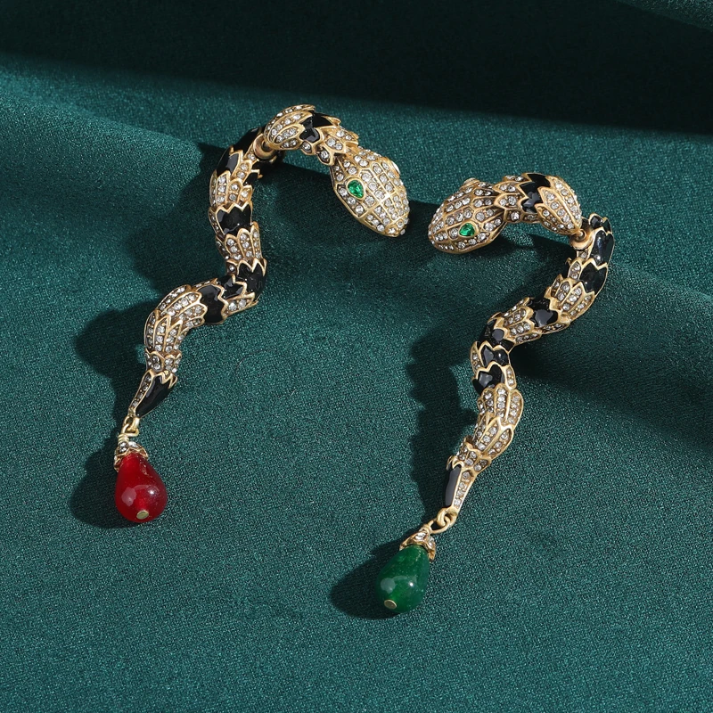 

Vintage Red Green Crystal Enamel Snake Earrings Serpentine Luxury Brand Jewelry Gold Color Accessories Women 2025 High Quality