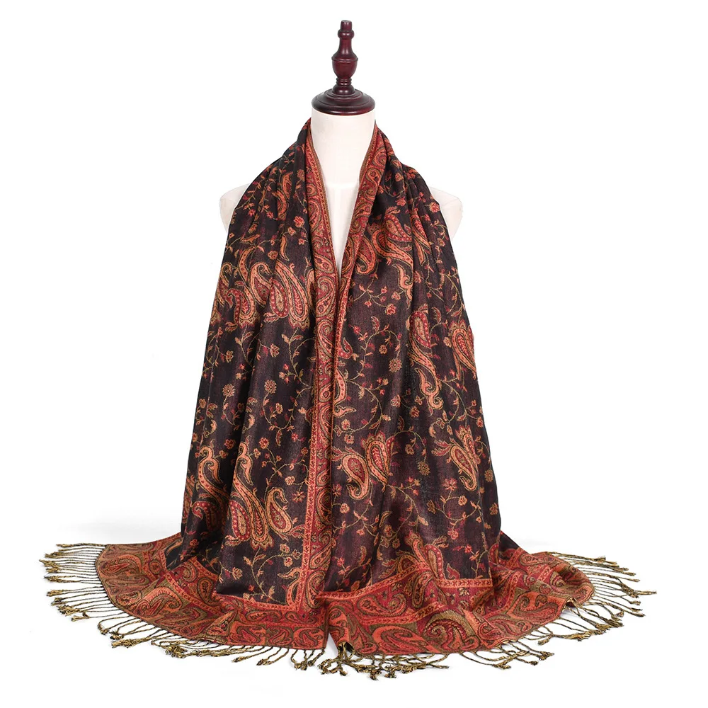 

Шарф из пашмины, шали с узором пейсли цвета морской волны для женщин, жаккардовые дорожные шарфы с цветочным принтом в богемном стиле, теплые зимние длинные шарфы с бахромой