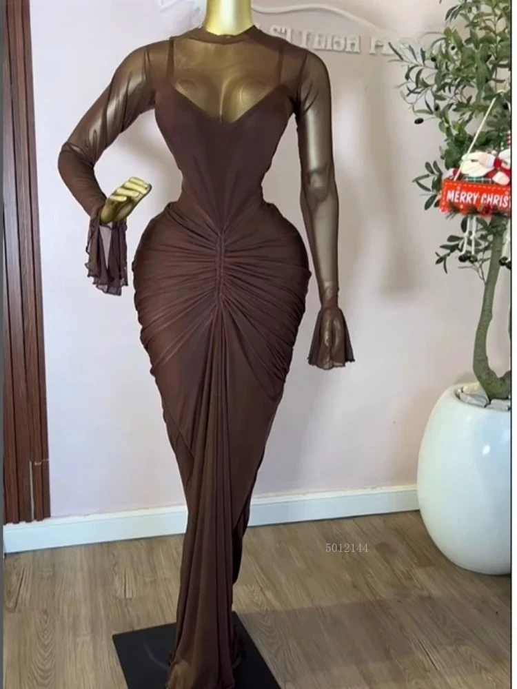 

Сексуальное женское расклешенное макси-платье с длинными рукавами, драпировкой и эффектом «русалка» для вечеринок, коктейлей и выходов в свет, коллекция 2026 года