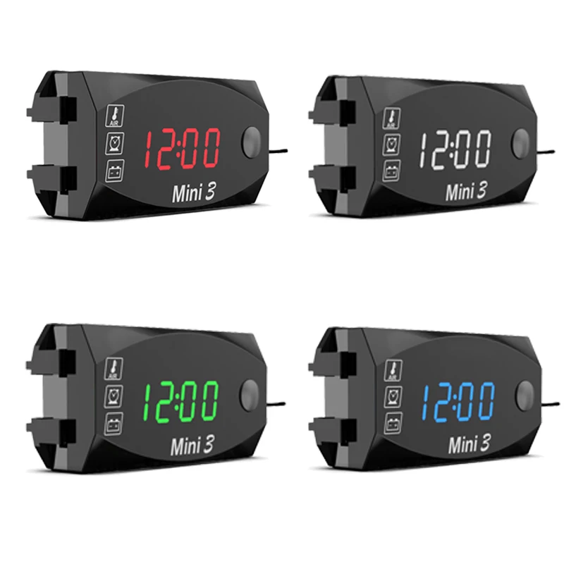 3 In 1 12V Motorcycle Electronic Clock IP67 Waterproof Dust-proof Thermometer Voltmeter LED Digital Display Universal Watch