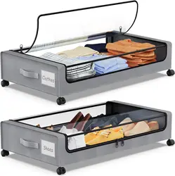 Under Bed Storage with Wheels, 2Pack Containers Shoe Organizer with Clear Window&Label,Rolling Metal Drawer for Clothes,Shoes