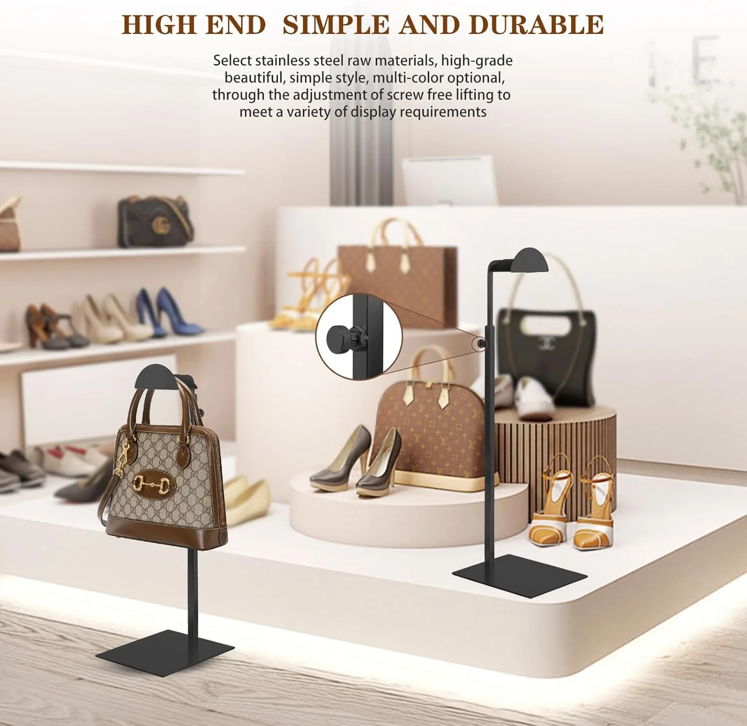 Bag Display Rack Adjustable Height Countertop with Hanging Hook Handbag Display Stand for Shopping Mall Shop Boutique Store