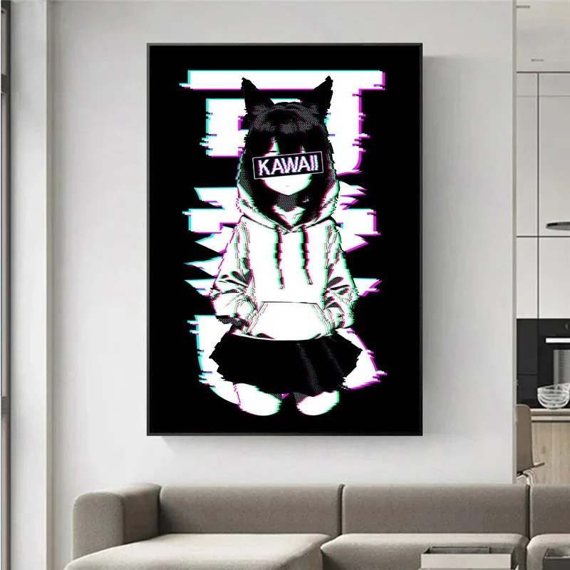 Anime Comic Neon Sexy Kawaii Cat Ears Girl Poster and Prints Canvas Printing Wall Art Picture for Living Room Bedroom Decor Gift
