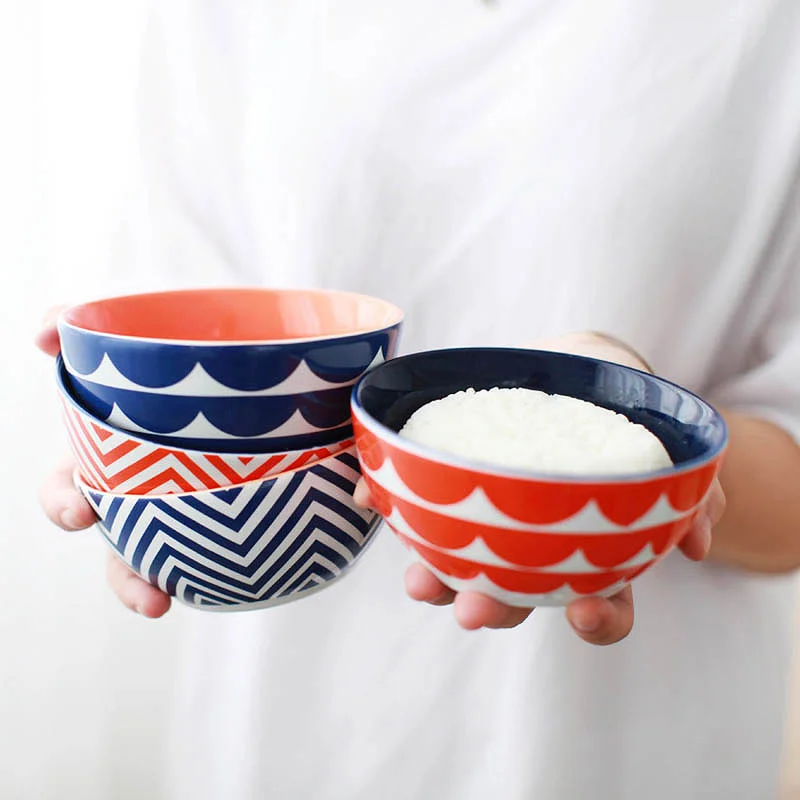 American Style Cartoon Geometric Cute ceramic dinnerware bowls sets 4pcs salad fruit rice bowls couple bowls porcelain tabelware