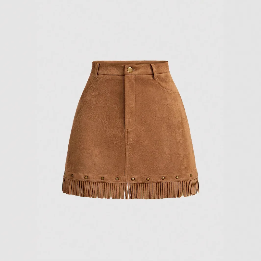 2025 Falda de ante irregular para mujer - Falda hippie de cintura alta con flecos delgados y pantalones cortos de seguridad, estilo retro