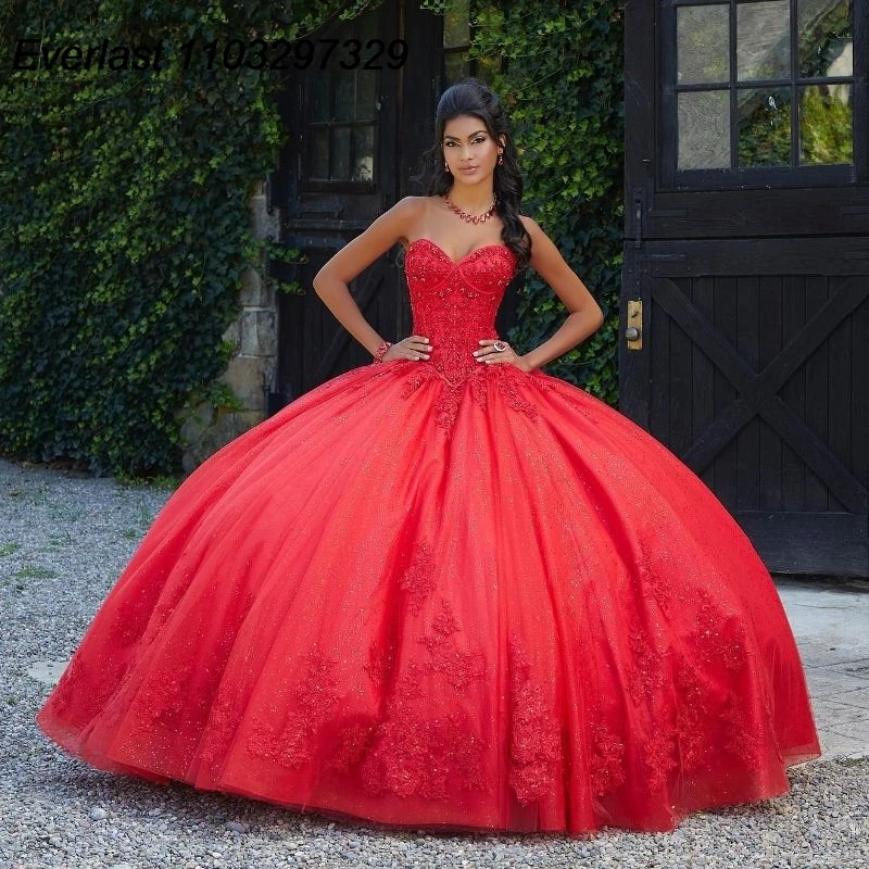 EVLAST gaun Quinceanera merah berkilau gaun bola renda Applique kristal manik-manik dengan jubah korset manis 16 Vestido De 15 Anos TQD608