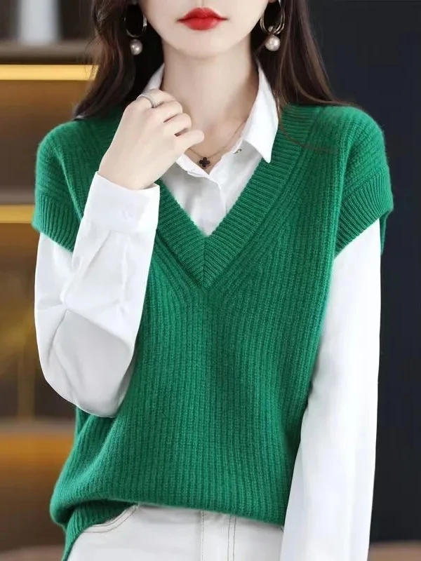 Loose Knitted Vest Women's Sleeveless V-Neck Batwing Shirt Spring New Style Pure Color Casual Fashion Commute Style Top