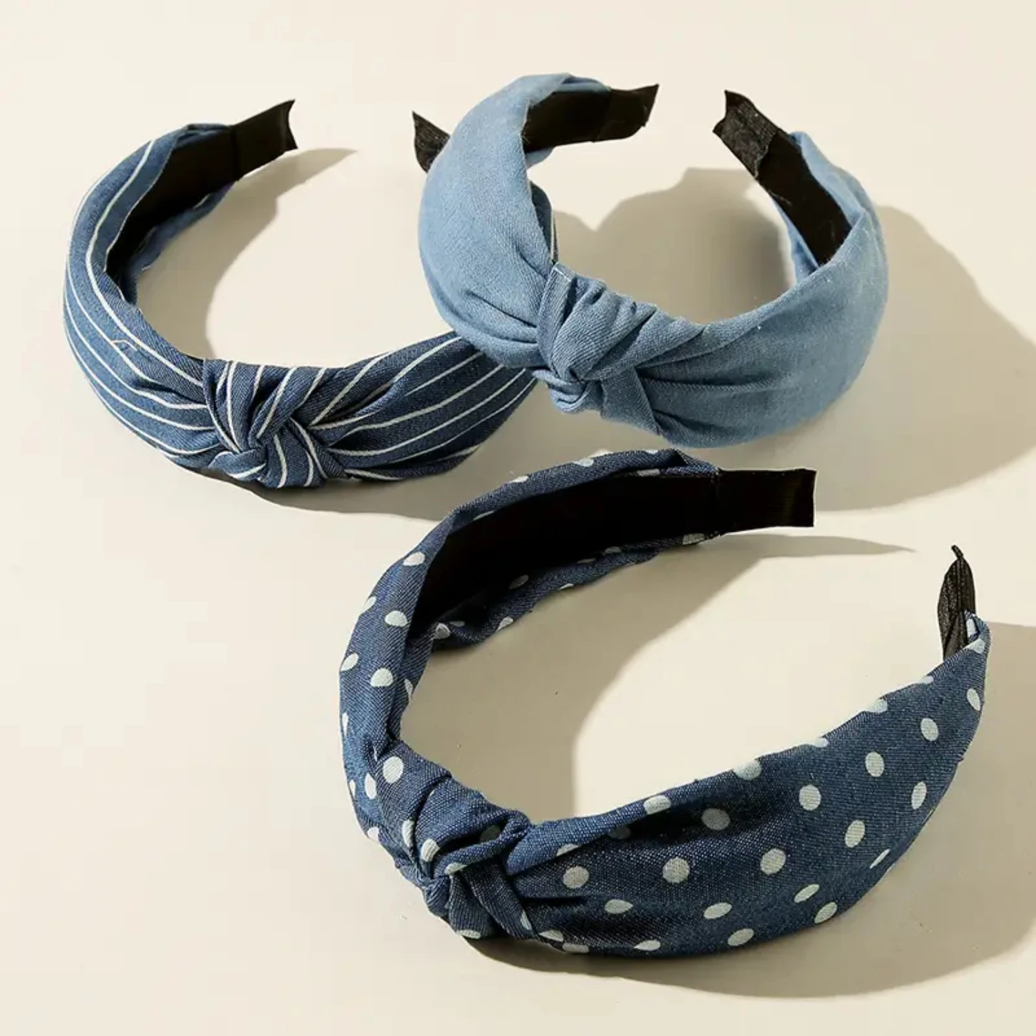 Elegant Set of 3 Fashionable Blue Striped Dot Denim Headband Hair Accessories for Women - Stylish and Sophisticated Headpieces t