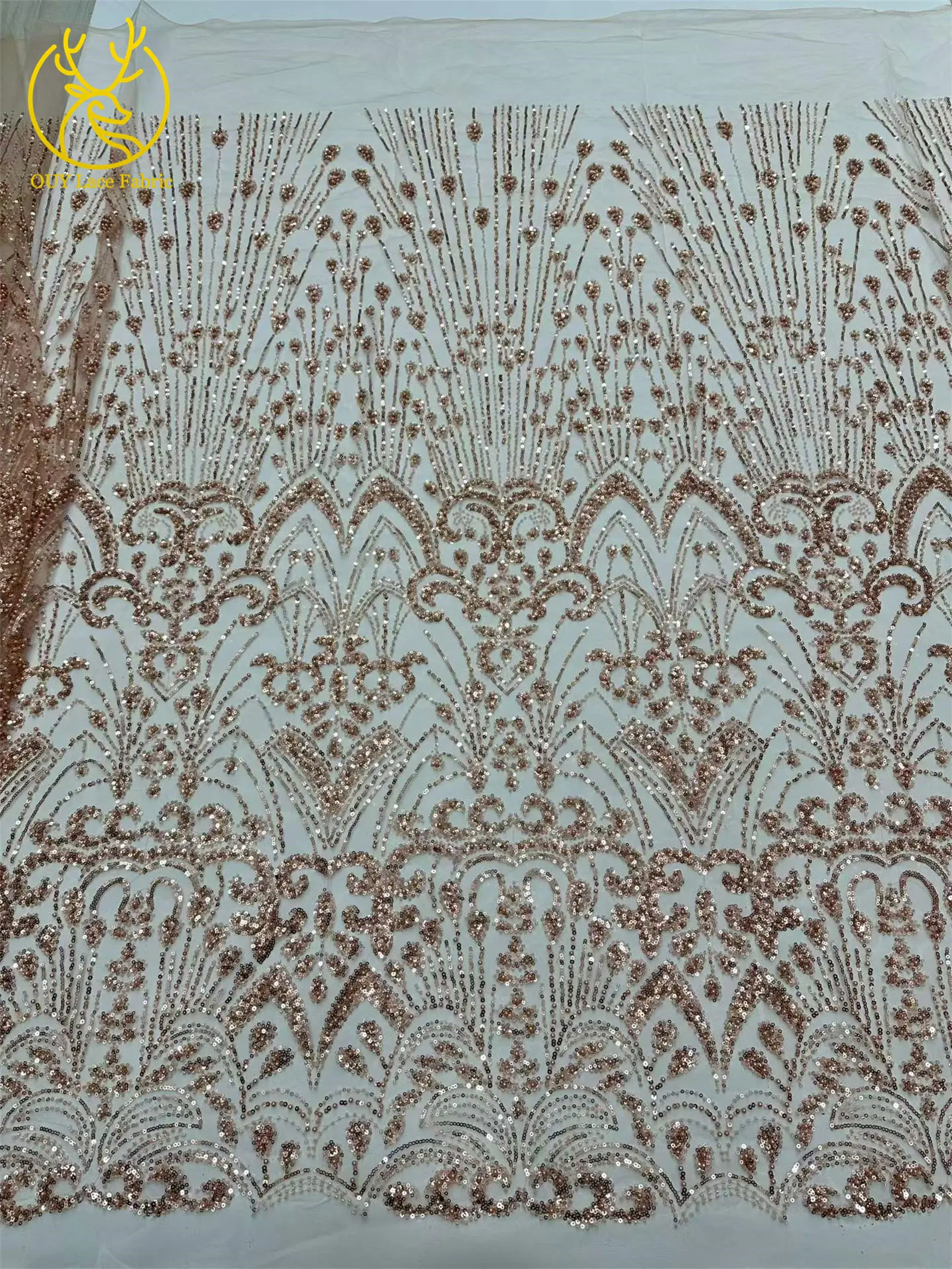 Goldener Luxus-Spitzenstoff mit Perlen und Pailletten, 5 Yards, afrikanischer Spitzenstoff, hochwertiger nigerianischer Netzspitzenstoff für Partykleider und Näharbeiten – Detail 28