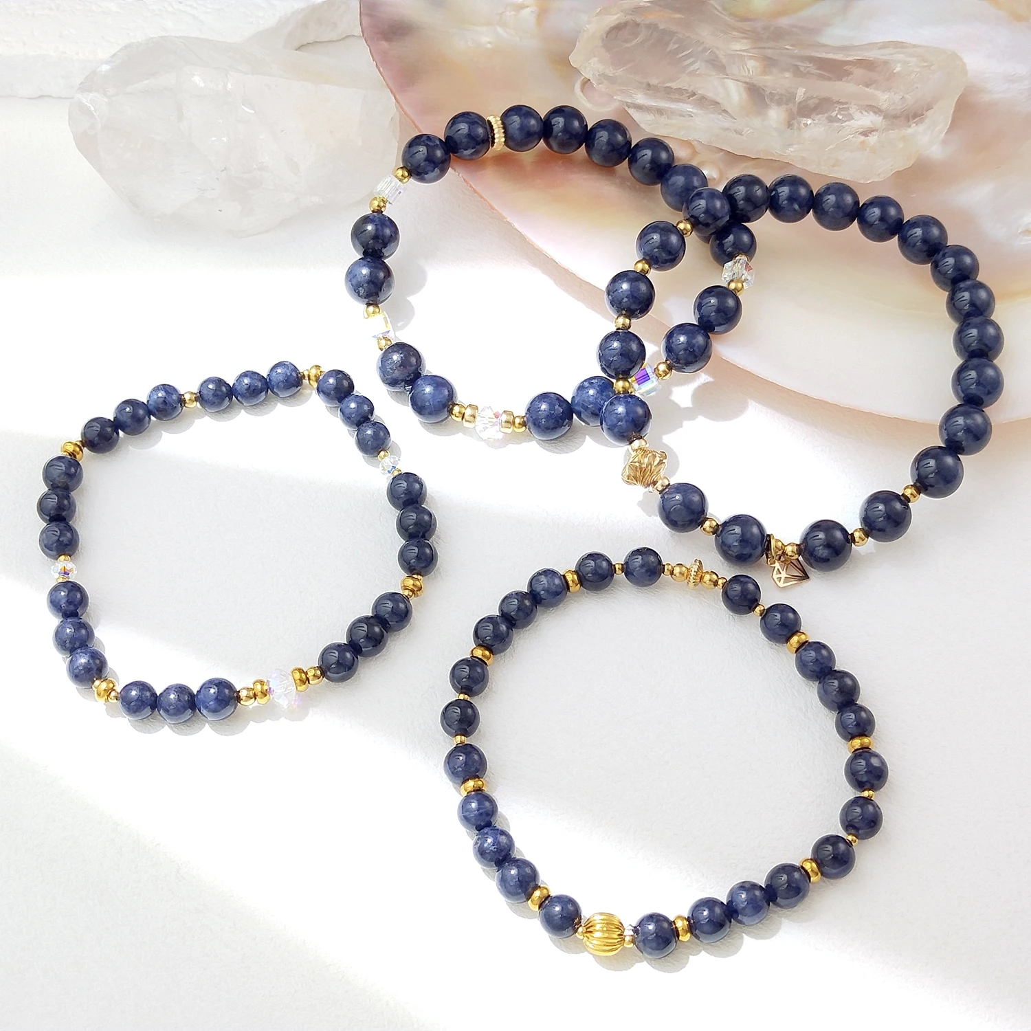 

Lii Ji Natural Gemstone Sapphire 6/8mm With Crystal American 14K Gold Filled Elastic Bracelet