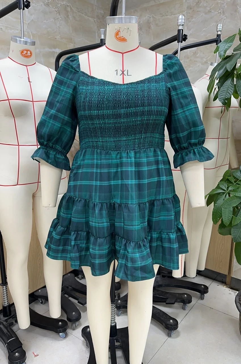 Vestido a cuadros de talla grande para mujer, vestido mini de verano a la moda con mangas 3/4 y volantes en el bajo