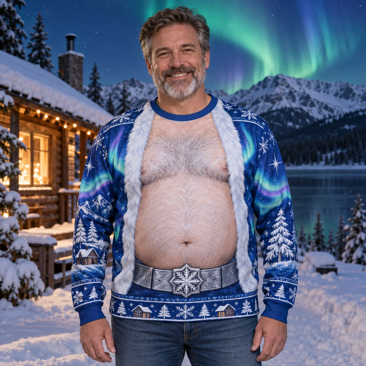 Ice Blue Santa Belly Ugly Christmas Sweater Men 3D Print Polyester Crewneck Sweatshirt Funny Winter Holiday Pullover