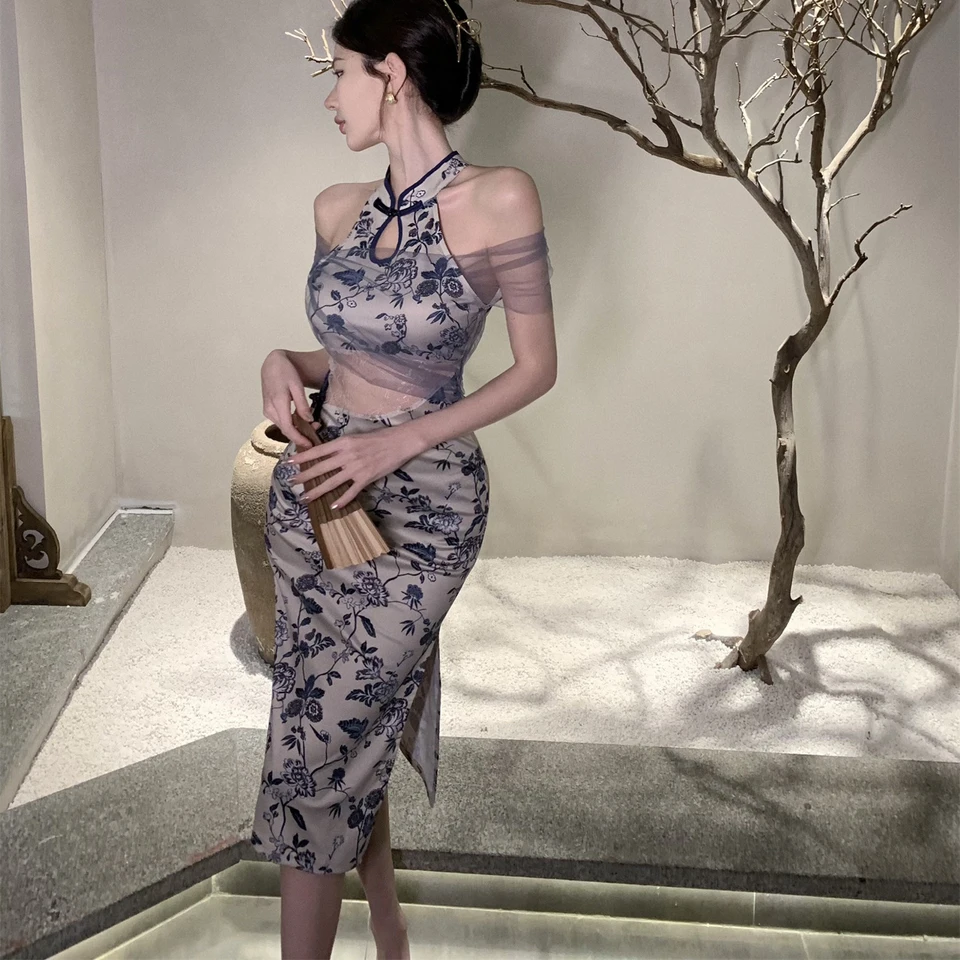 off shoulder dress in chinese Sexy Off Shoulder Satin Qipao Dress Print Cheongsam