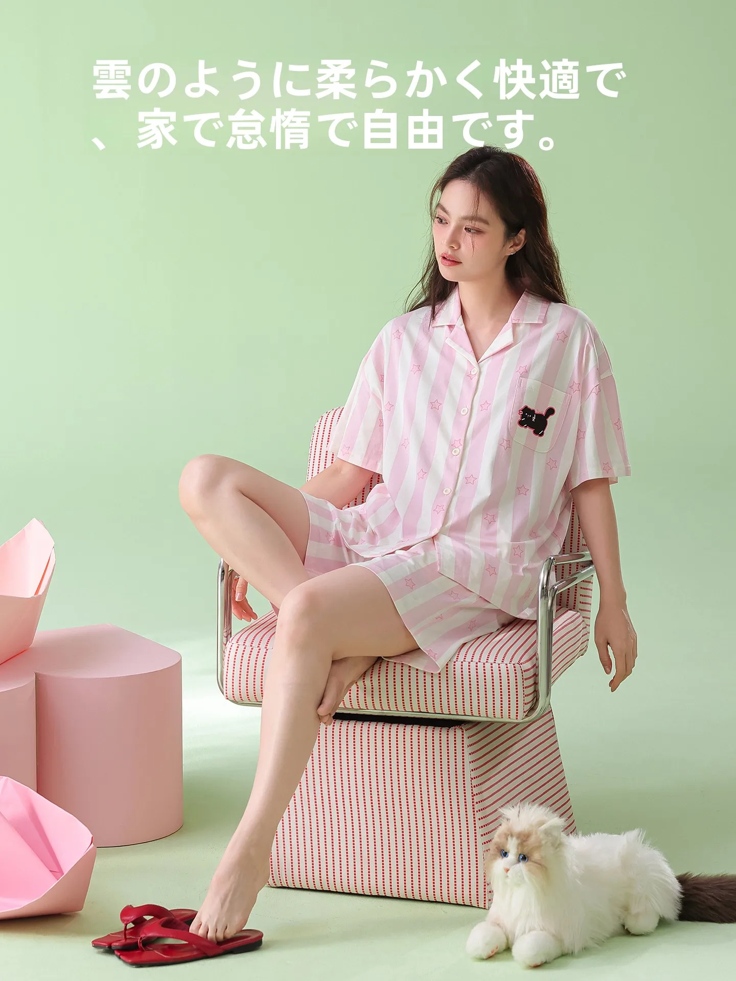 summer-plus-size-women's-pure-cotton-thin-striped-sleepwear-home-clothes-cartoon-fat-mm-short-sleeve-short-pants-set