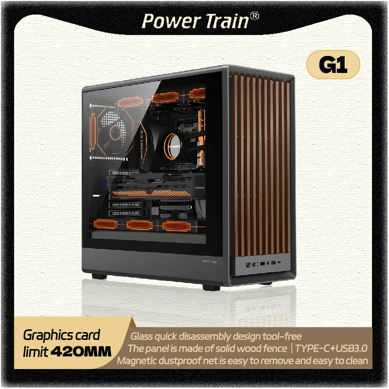 

Power Train Zhenjie G1 MATX PC case wooden strip panel Side Transparent support 240/360 water-cooled TYPE-C port computer case