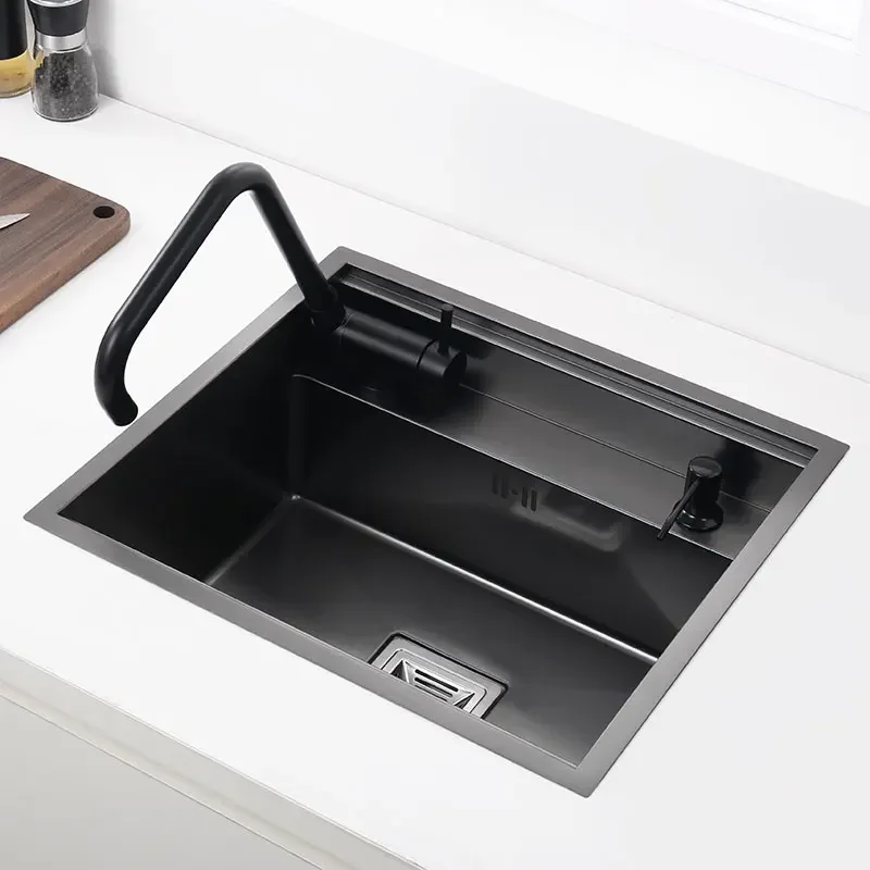 Black Hidden Kitchen Black Sink Bowl Bar Stainless Steel Balcony Sink Concealed Bar Sink with Clean Water Tap Open Kitchen