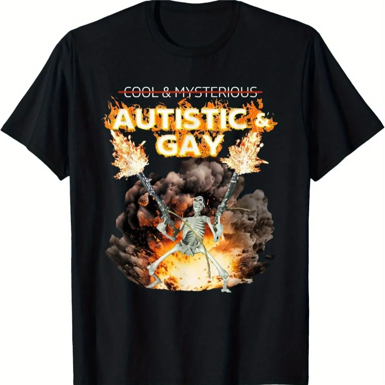التوحد مثلي الجنس الهيكل العظمي لعن التوحد ميمي تي شيرت جريئة الجرافيك المحملة مع اللهب قميص أسود للتوعية بالتوحد شكل غير رسمي