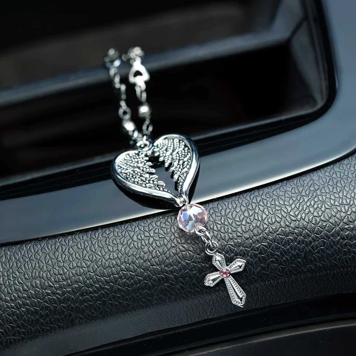 Retro Angel Feather Cross Car Clear Rearview Mirror Hanging Rosary Beads Catholic Unique Charm Gift For Driver